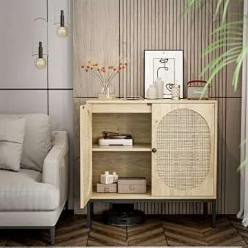 IKIFLY Rattan Storage Cabinet Set of 2, Handmade Natural Rattan Door Buffet Cabinet with Storage, Sideboard Cabinet Console for Kitchen, Dining Room, Living Room, Entryway(Natural)