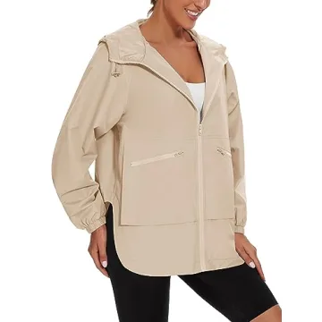 PESION Lightweight Rain Jacket Women Waterproof Raincoat Packable Hooded Windbreaker, Khaki, Large