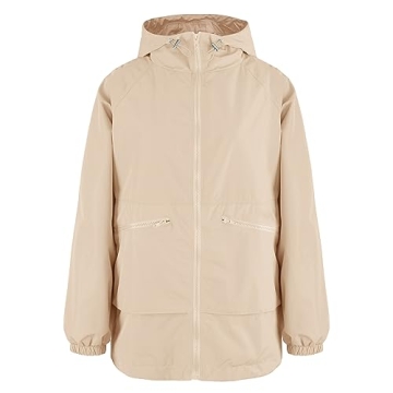PESION Lightweight Rain Jacket Women Waterproof Raincoat Packable Hooded Windbreaker, Khaki, Large