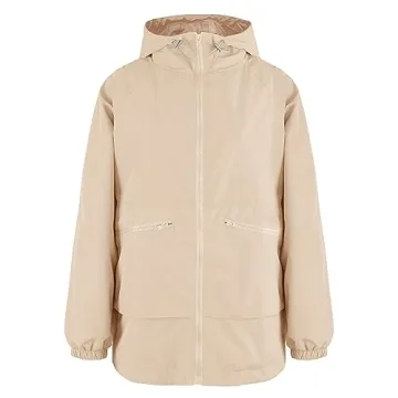PESION Lightweight Rain Jacket Women Waterproof Raincoat Packable Hooded Windbreaker, Khaki, Large