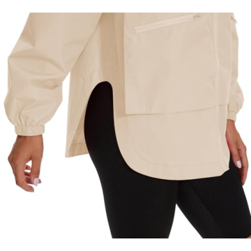 PESION Lightweight Rain Jacket Women Waterproof Raincoat Packable Hooded Windbreaker, Khaki, Large