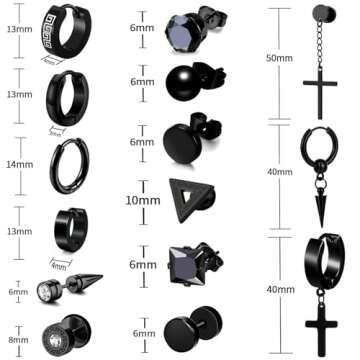 15 Pairs Earrings for Men, Black Stainless Steel Earrings Stud Kit for Men Women Fashion Piercing Je...