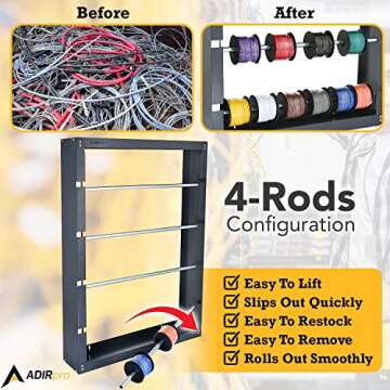 AdirPro Wire Spool Rack - Superior Strength Wire/Cable Dispenser - Conduit Display & Storage for Electrical Industrial & Retail Use (4 Rods, Grey)