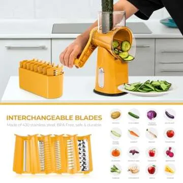 SUSTEAS Rotary Cheese Grater with Handle - Vegetable Shredder with 5 Well-designed Blades & Strong Suction Base,Round Mandoline Slicer & Food Chopper for Kitchen,with Blade Storage Box(Yellow)