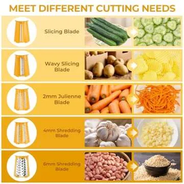 SUSTEAS Rotary Cheese Grater with Handle - Vegetable Shredder with 5 Well-designed Blades & Strong Suction Base,Round Mandoline Slicer & Food Chopper for Kitchen,with Blade Storage Box(Yellow)