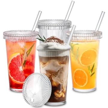 Combler Glass Cups Set with Lids and Straws for Iced Coffee
