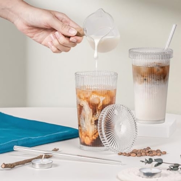 Combler Glass Cups Set with Lids and Straws for Iced Coffee