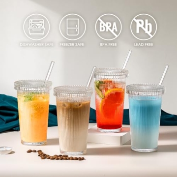 Combler Glass Cups Set with Lids and Straws for Iced Coffee