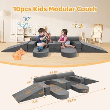 CoziBB 10pcs Modular Kids Play Couch, Convertible Kids Foam Couch for Toddlers & Children with Climbing Slope, Floor Sectional Sofa for Playroom Bedroom Nursery