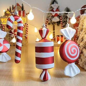 14Pcs Christmas Candy Cane Lollipop Ornaments for Christmas Tree Decorations,Red and White 6.5Inch Assorted Shapes Hanging Ornament with Ribbon for Xmas New Year Holiday Festival Home Party Decor