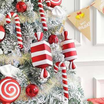 14Pcs Christmas Candy Cane Lollipop Ornaments for Christmas Tree Decorations,Red and White 6.5Inch Assorted Shapes Hanging Ornament with Ribbon for Xmas New Year Holiday Festival Home Party Decor