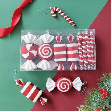 14Pcs Christmas Candy Cane Lollipop Ornaments for Christmas Tree Decorations,Red and White 6.5Inch Assorted Shapes Hanging Ornament with Ribbon for Xmas New Year Holiday Festival Home Party Decor