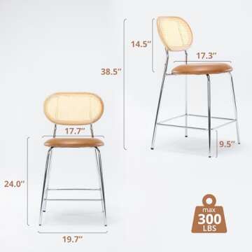 LUE BONA Faux Leather Bar Stools Set of 4,Rattan and Wood Backrest with Metal Leg，Modern Upholster...