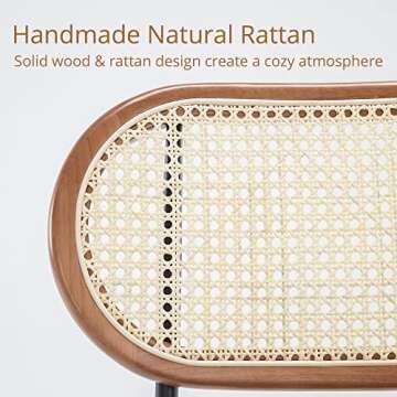 LUE BONA Faux Leather Bar Stools Set of 4,Rattan and Wood Backrest with Metal Leg，Modern Upholstered Round seat Chair Counter Height Barstools for Home Office Restaurants,24",Whiskey Brown