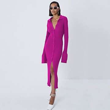 Women Button Down Knit Sweater Long Dress Vintage Long Sleeve V Neck Split Dress Casual Cardigan Outwear Sweater (Rose red,L)