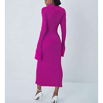 Women Button Down Knit Sweater Long Dress Vintage Long Sleeve V Neck Split Dress Casual Cardigan Outwear Sweater (Rose red,L)