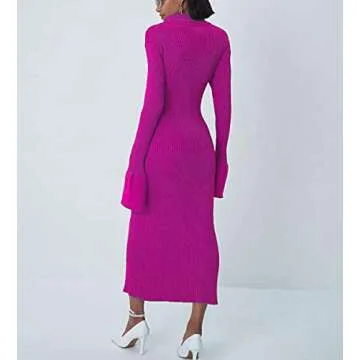 Women Button Down Knit Sweater Long Dress Vintage Long Sleeve V Neck Split Dress Casual Cardigan Outwear Sweater (Rose red,L)