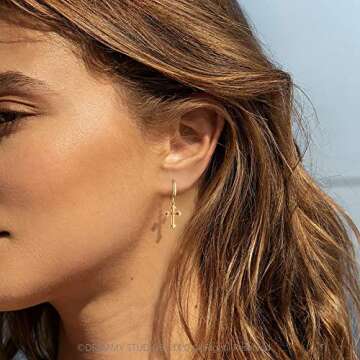 DREMMY STUDIOS Dainty Gold Cross Huggie Hoop Earrings 14K Gold Filled Simple Cute Cross Hoop Earrings Charm Tiny