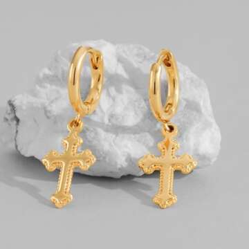 DREMMY STUDIOS Dainty Gold Cross Huggie Hoop Earrings 14K Gold Filled Simple Cute Cross Hoop Earrings Charm Tiny