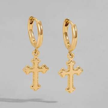 DREMMY STUDIOS Dainty Gold Cross Huggie Hoop Earrings 14K Gold Filled Simple Cute Cross Hoop Earrings Charm Tiny