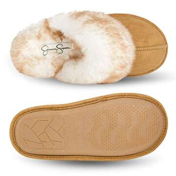 Jessica Simpson Women's Comfy Faux Fur House Slipper Scuff Memory Foam Slip on Anti-Skid Sole, Tan, X-Large