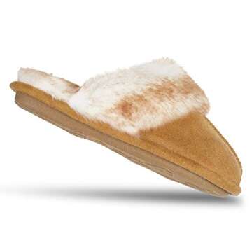 Jessica Simpson Women's Comfy Faux Fur House Slipper Scuff Memory Foam Slip on Anti-Skid Sole, Tan, X-Large