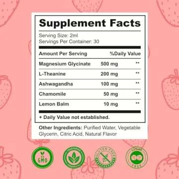 VEGETUSMAX Magnesium Glycinate L-Theanine Liquid Drops with Ashwagandha Chamomile, Natural Magnesium Supplement for Calm, Stress Relief, Sleep, Sugar Free Strawberry Flavor
