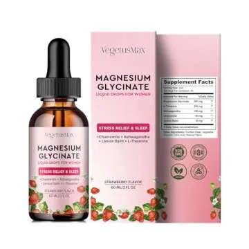 VEGETUSMAX Magnesium Glycinate L-Theanine Liquid Drops with Ashwagandha Chamomile, Natural Magnesium Supplement for Calm, Stress Relief, Sleep, Sugar Free Strawberry Flavor