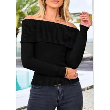 PRETTYGARDEN Women's Fall Off Shoulder Sweaters Y2K Long Sleeve Ribbed Knit Fitted Pullover Winter Date Night Tops Blouse (Black,Small)