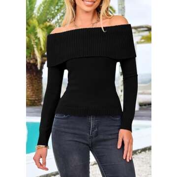 PRETTYGARDEN Women's Fall Off Shoulder Sweaters Y2K Long Sleeve Ribbed Knit Fitted Pullover Winter Date Night Tops Blouse (Black,Small)