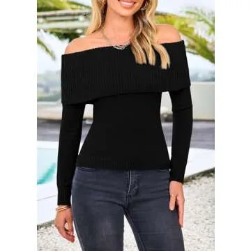PRETTYGARDEN Women's Fall Off Shoulder Sweaters Y2K Long Sleeve Ribbed Knit Fitted Pullover Winter Date Night Tops Blouse (Black,Small)