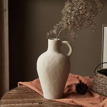 Ceramic Rustic Vase Farmhouse Decor: Beige Pitcher Vase with Handle Vintage Flower Vases Terracotta ...