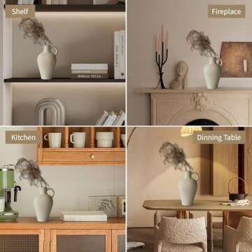 Ceramic Rustic Vase Farmhouse Decor: Beige Pitcher Vase with Handle Vintage Flower Vases Terracotta Vase Stoneware Jug Matte Pottery Home Decor for Shelf Mantel Centerpiece Table Decorations