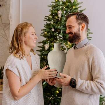 Ceramic Rustic Vase Farmhouse Decor: Beige Pitcher Vase with Handle Vintage Flower Vases Terracotta Vase Stoneware Jug Matte Pottery Home Decor for Shelf Mantel Centerpiece Table Decorations