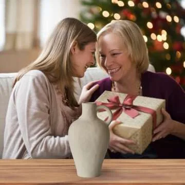 Ceramic Rustic Vase Farmhouse Decor: Beige Pitcher Vase with Handle Vintage Flower Vases Terracotta Vase Stoneware Jug Matte Pottery Home Decor for Shelf Mantel Centerpiece Table Decorations