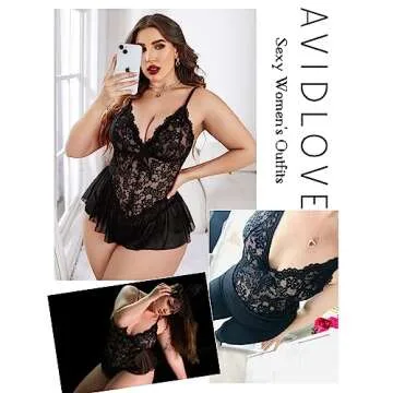 Avidlove Sexy Lingerie for Women Plus Size One Piece Teddy Bodysuit Black Lace Sleepwear Nightgown M...