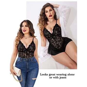Avidlove Sexy Lingerie for Women Plus Size One Piece Teddy Bodysuit Black Lace Sleepwear Nightgown Mesh Babydoll Chemise