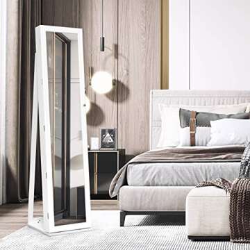 COSTWAY Standing Jewelry Cabinet, Large Capacity Jewelry Organizer w/Full-Length Mirror & Rear Stora...