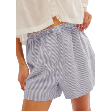 YUENIU Women's Casual Striped Print Elastic Shorts Summer High Waist Wide Leg Shorts with Pockets Na...