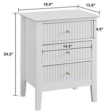 OCANDO White Bed Side Table with 3 Drawers 19" W, Bedroom Nightstand 24" H,Vintage Modern Night Stan...