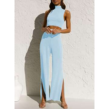 ARTFREE Womens 2 Piece Outfits Sets Casual Sweatsuits Streetwear, Ribbed Knit Palazzo Wide Leg Pants and Cropped Tops Blue M
