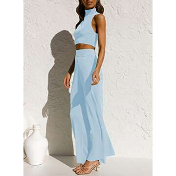 ARTFREE Womens 2 Piece Outfits Sets Casual Sweatsuits Streetwear, Ribbed Knit Palazzo Wide Leg Pants and Cropped Tops Blue M