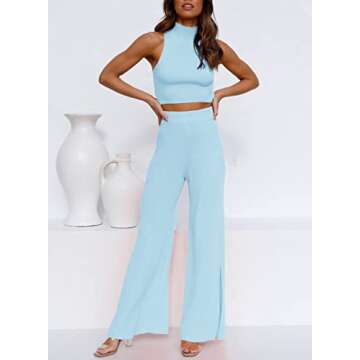 ARTFREE Womens 2 Piece Outfits Sets Casual Sweatsuits Streetwear, Ribbed Knit Palazzo Wide Leg Pants and Cropped Tops Blue M