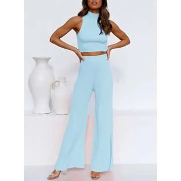 ARTFREE Womens 2 Piece Outfits Sets Casual Sweatsuits Streetwear, Ribbed Knit Palazzo Wide Leg Pants and Cropped Tops Blue M