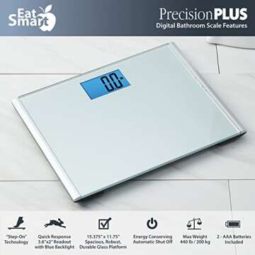 Eat Smart Precision Plus Digital Bathroom Scale with Ultra-Wide Platform, 440 lb Capacity, Bath Scale for Body Weight, Grey