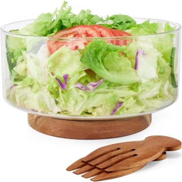 HouseJoy Large Salad Bowl Set, Glass Salad Bowl with Acacia Wood Base and Salad Hands, Serving Bowls...
