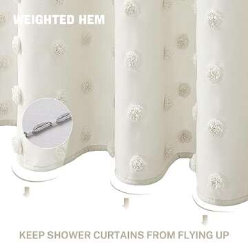 Extra Long Boho Farmhouse Cream Shower Curtain Woven Fabric 84 Inch Ivory Shower Curtain, 72 x 84 Tufted Pleat Floral Puffs Textured Modern Minimalist Ivory Shower Curtain Set with Hooks for Bathroom