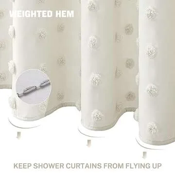 Extra Long Boho Farmhouse Cream Shower Curtain Woven Fabric 84 Inch Ivory Shower Curtain, 72 x 84 Tufted Pleat Floral Puffs Textured Modern Minimalist Ivory Shower Curtain Set with Hooks for Bathroom