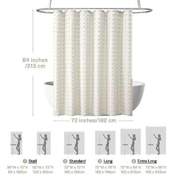 Extra Long Boho Farmhouse Cream Shower Curtain Woven Fabric 84 Inch Ivory Shower Curtain, 72 x 84 Tufted Pleat Floral Puffs Textured Modern Minimalist Ivory Shower Curtain Set with Hooks for Bathroom