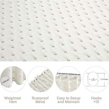 Extra Long Boho Farmhouse Cream Shower Curtain Woven Fabric 84 Inch Ivory Shower Curtain, 72 x 84 Tufted Pleat Floral Puffs Textured Modern Minimalist Ivory Shower Curtain Set with Hooks for Bathroom